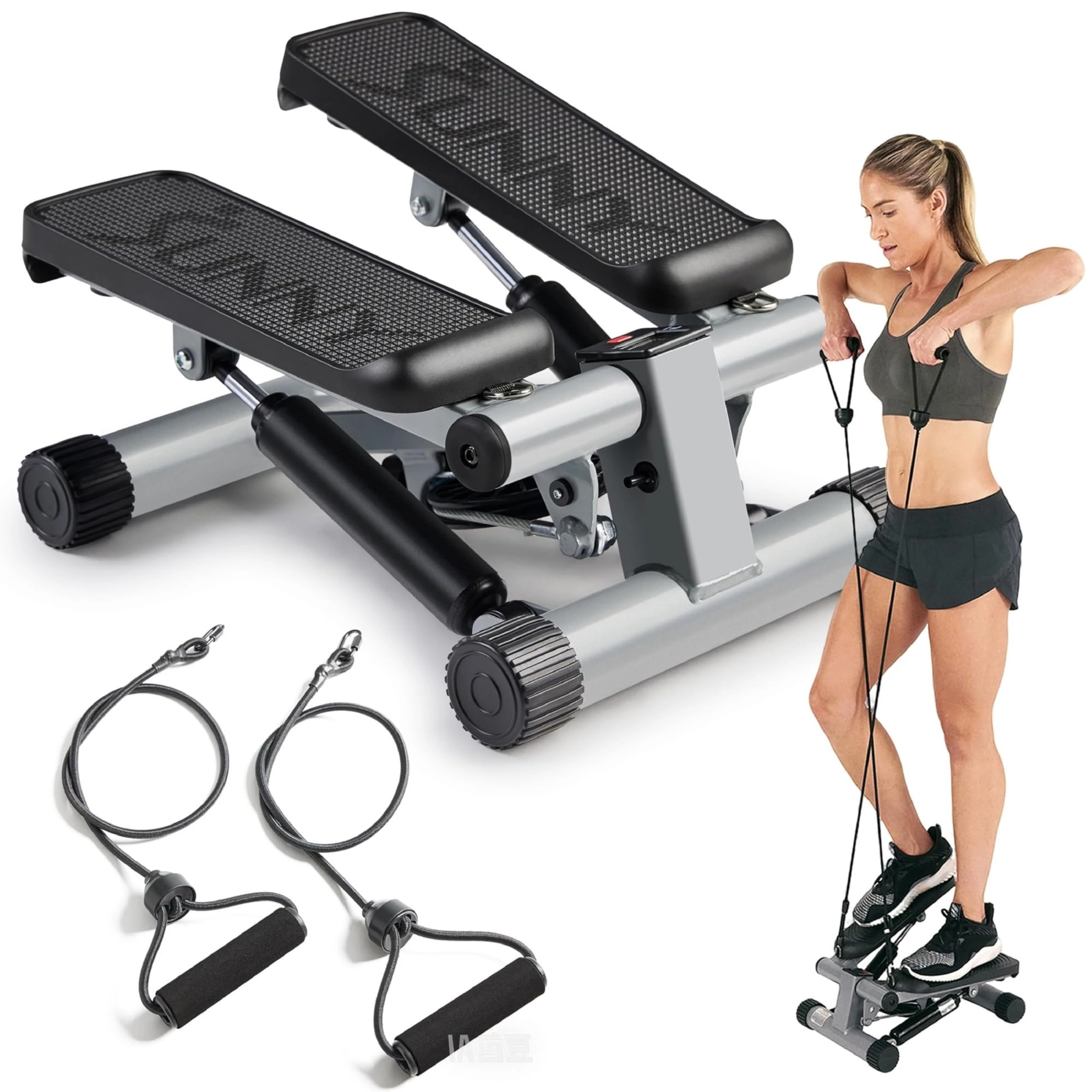 Sunny Health & Fitness Mini Stepper Machine, Stair Stepper Exercise Equipment with Resistance Bands and LCD Monitor, Air Climber Stepping Fitness Machine for Home Workout - NO. 012-S