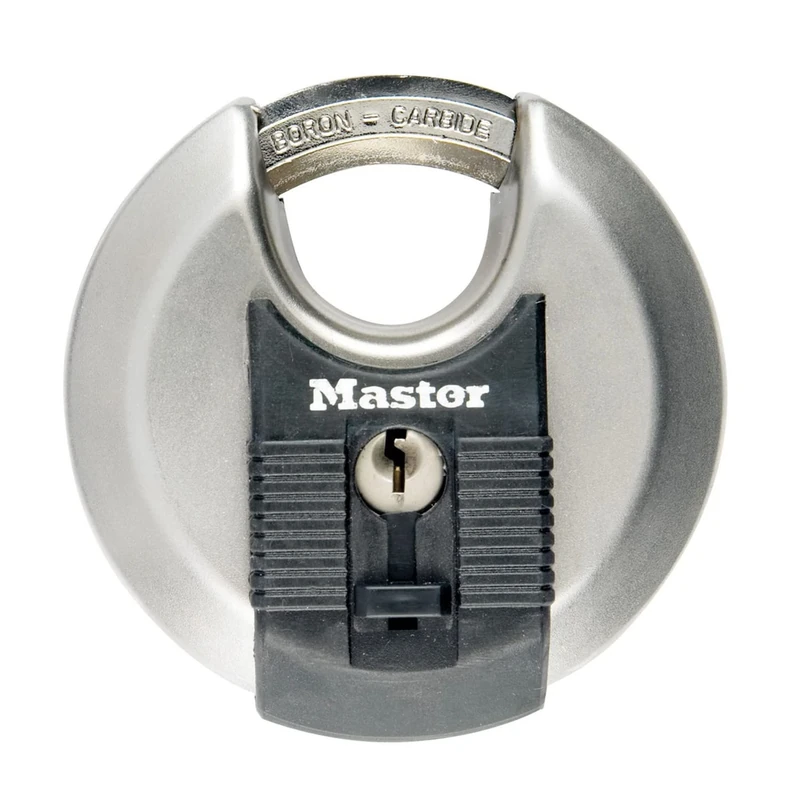 MASTER LOCK Heavy Duty Disc Padlock, Security Level 8/10, Outdoor, Keyed, Stainless Steel, Shrouded Shackle