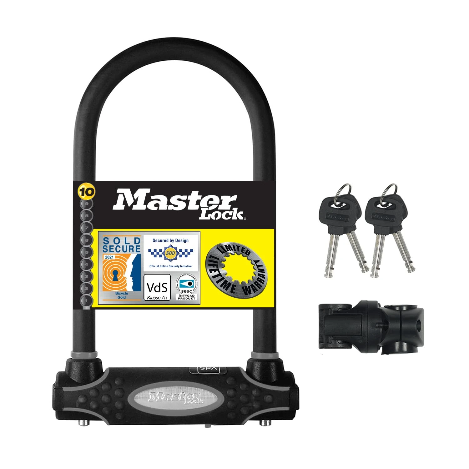 Master Lock Heavy Duty Bike D Lock, Key, Universal Mounting Bracket, Certified Bike Lock, Police Approved 8195EURDPRO - Use with Electric, Mountain, Road, Folding Bikes