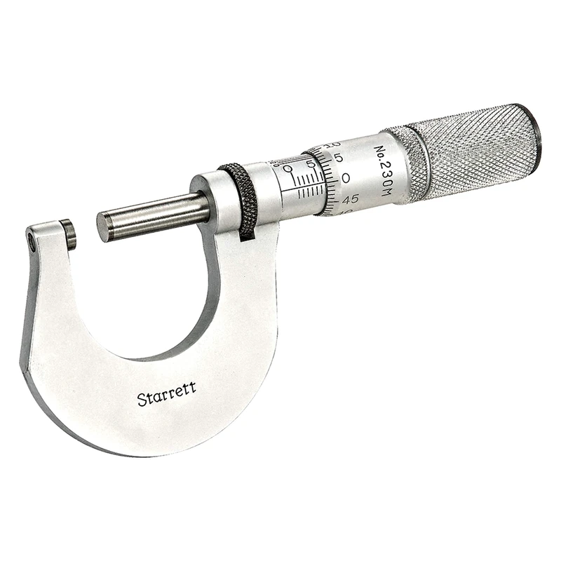 Starrett V230MXFL Outside Micrometer, Friction Thimble, Lock Nut, Carbide Faces, 0-25 mm Range, 0.001 mm Graduation, +/-0.002 mm Accuracy