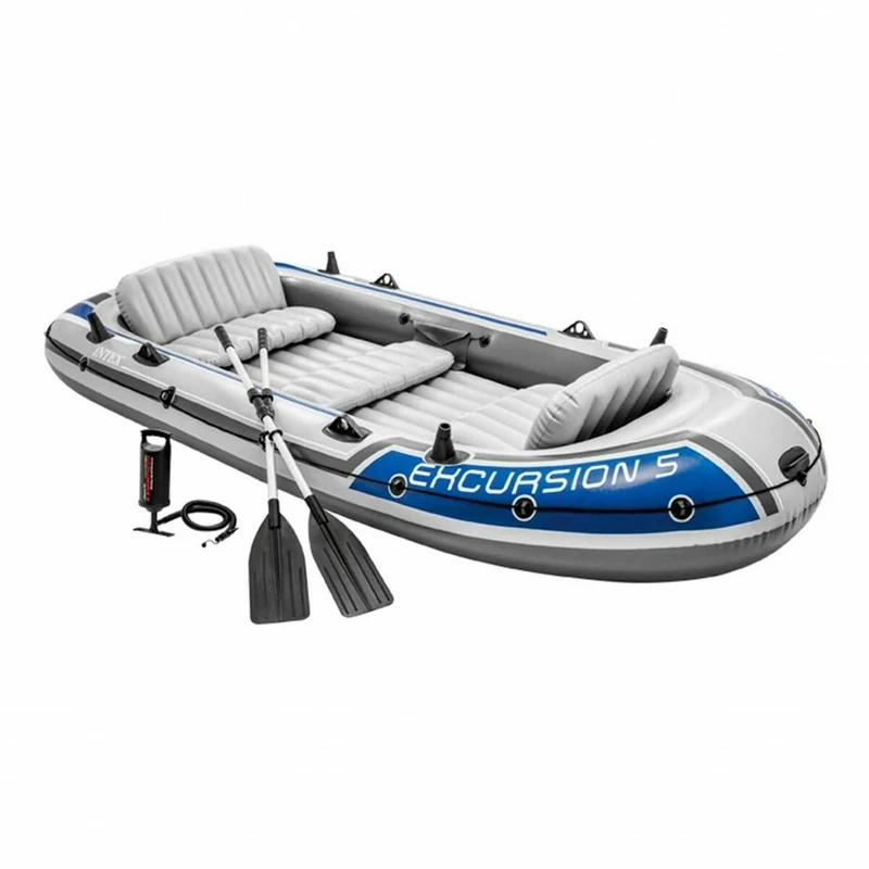 Intex Water Sports Intex Excursion 5 Inflatable Dinghy Man Boat with Aluminium Oars and Pump, Grey, 366 x 168 43 cms UK