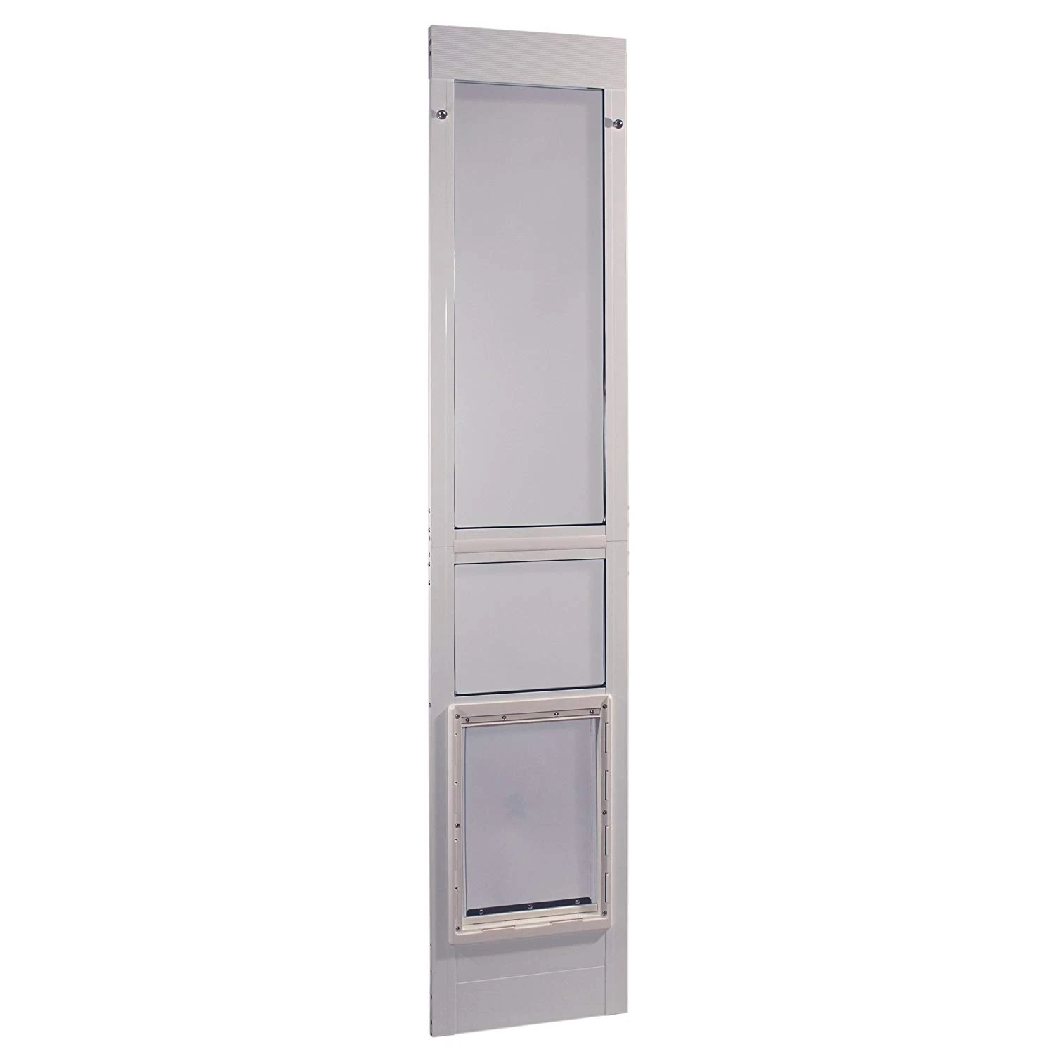 Ideal Pet Products Modular ALUMINUM Pet Patio Door with Single Pane Glass and Clear Flexible Flap. Fits up to 1” Aluminum Patio track width ONLY, Extra Large, White