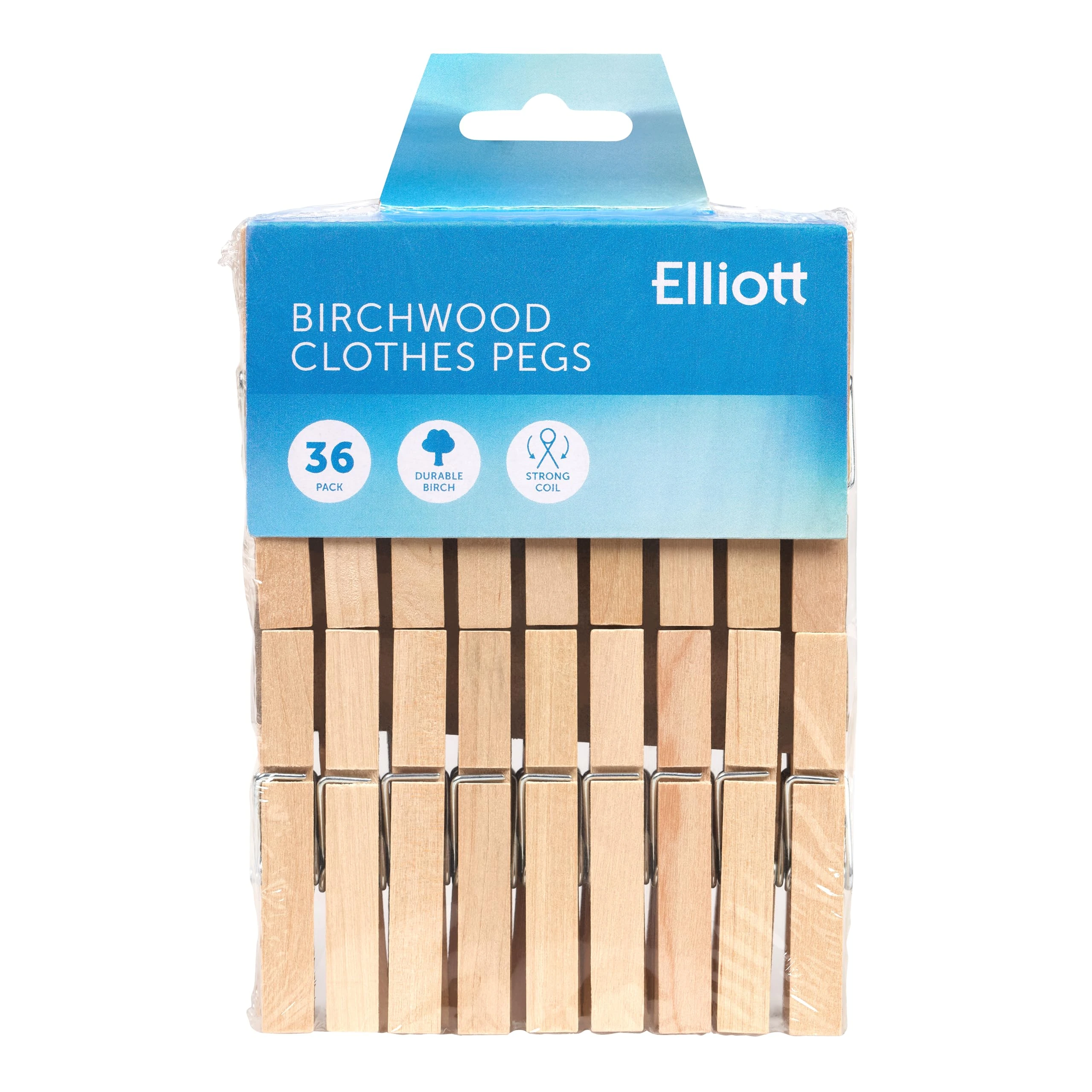 Elliott Hardwood Clothes Pegs with Metal Coil Spring for Firm Grip, Contoured to Prevent Leaving Marks on Clothing, This Pack Include 36 Pegs Ideal for Outdoor and Indoor Use