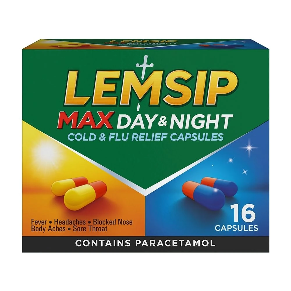 Lemsip Max, Cold and Flu Tablets Day and Night, 16 Capsules, Paracetamol, Cold and Flu Relief, Blocked Nose Relief, Nasal Congestion Relief, Max Strength, Reduces Fever, Cold and Flu, Medication