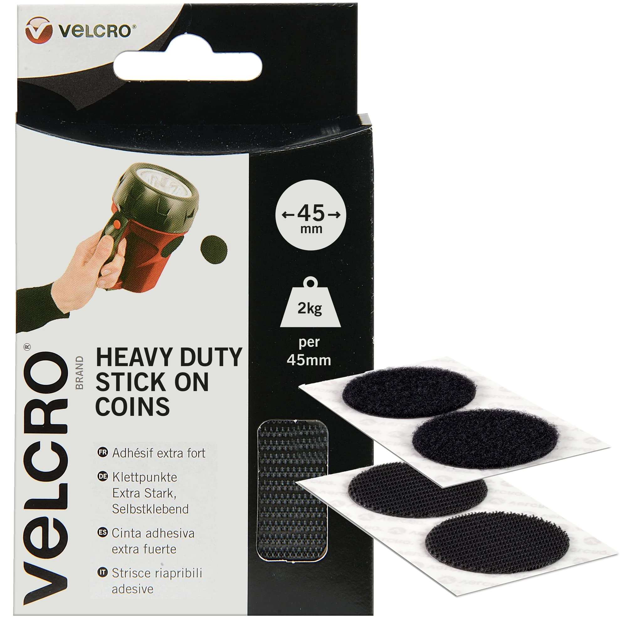 VELCRO Brand, Heavy Duty Stick on Coins, Industrial Strength Hook & Loop Self Adhesive Sticky Coins Perfect for Room Décor & Home, Office, Garage Use, Black, 45mm x 45mm, Set of 6