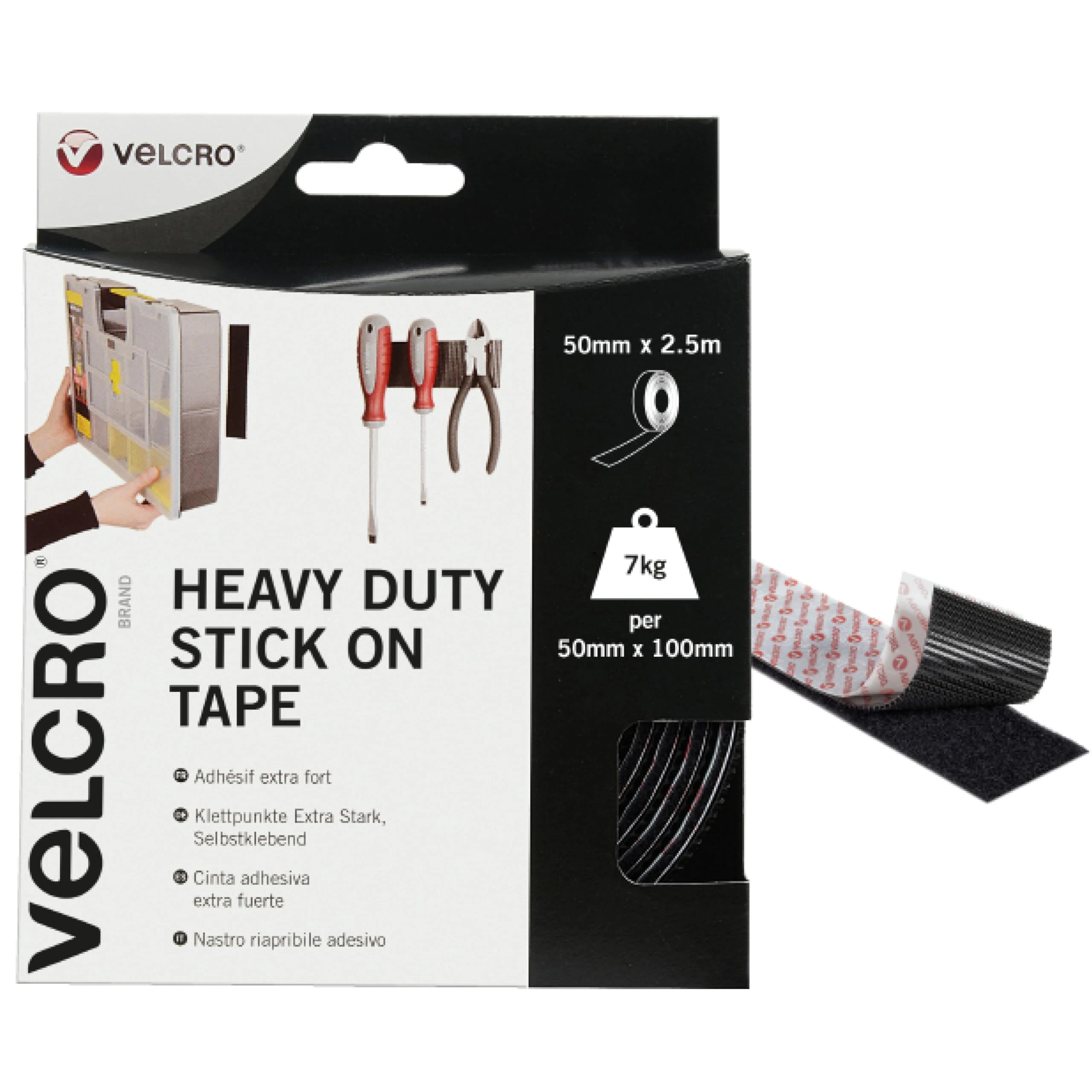 VELCRO Brand | Heavy Duty Stick On Tape | Cut-to-Length Industrial Extra Strong Double Sided Hook & Loop Self Adhesive Tape Perfect for Room Décor & Home, Office, Garage Use | Black | 50mm x 2.5m