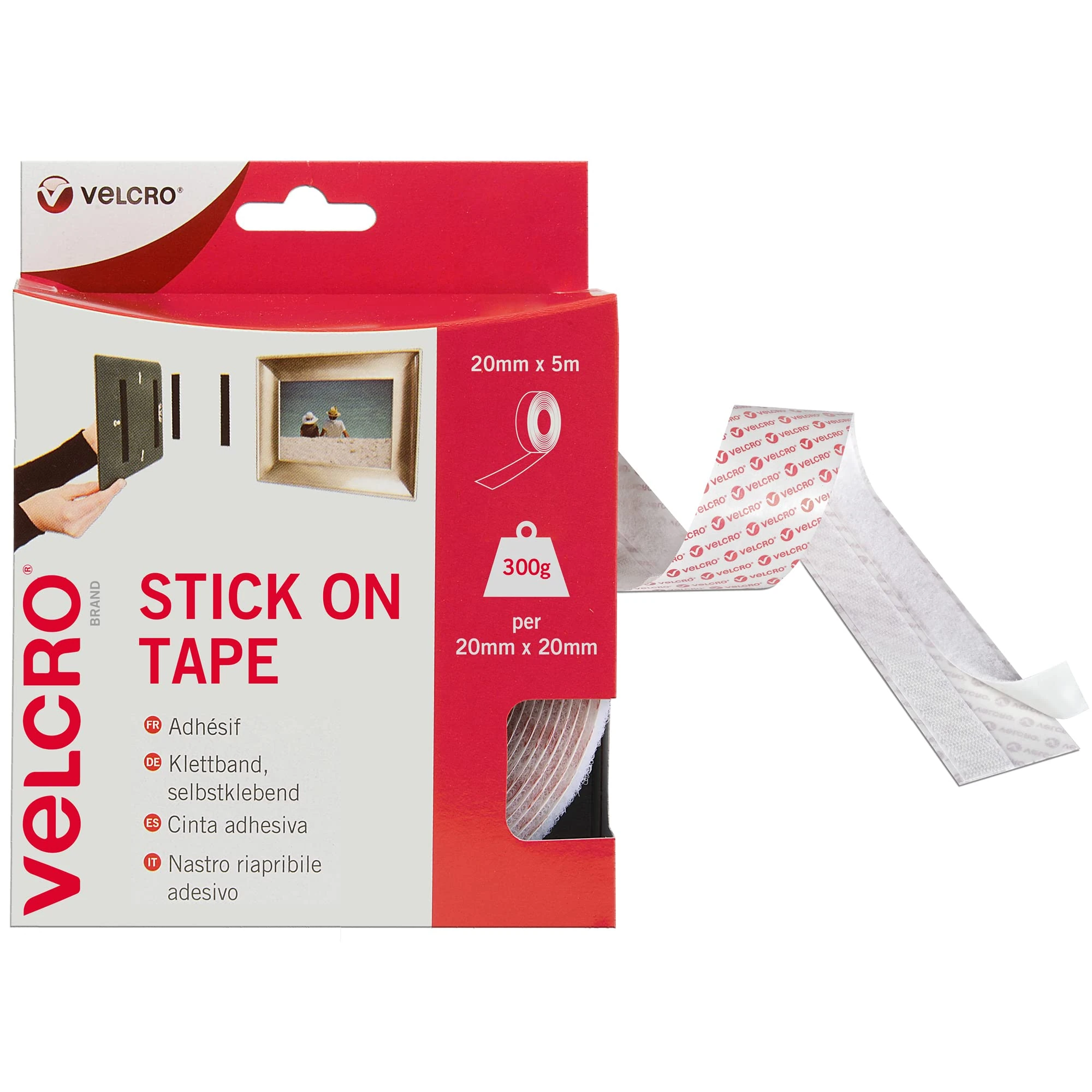 VELCRO Brand Stick On Tape Cut-to-Length Strong Hook & Loop Self Adhesive Sticky Tape Perfect for Room Décor & Home, Office, Garage Use White 20mm x 5m