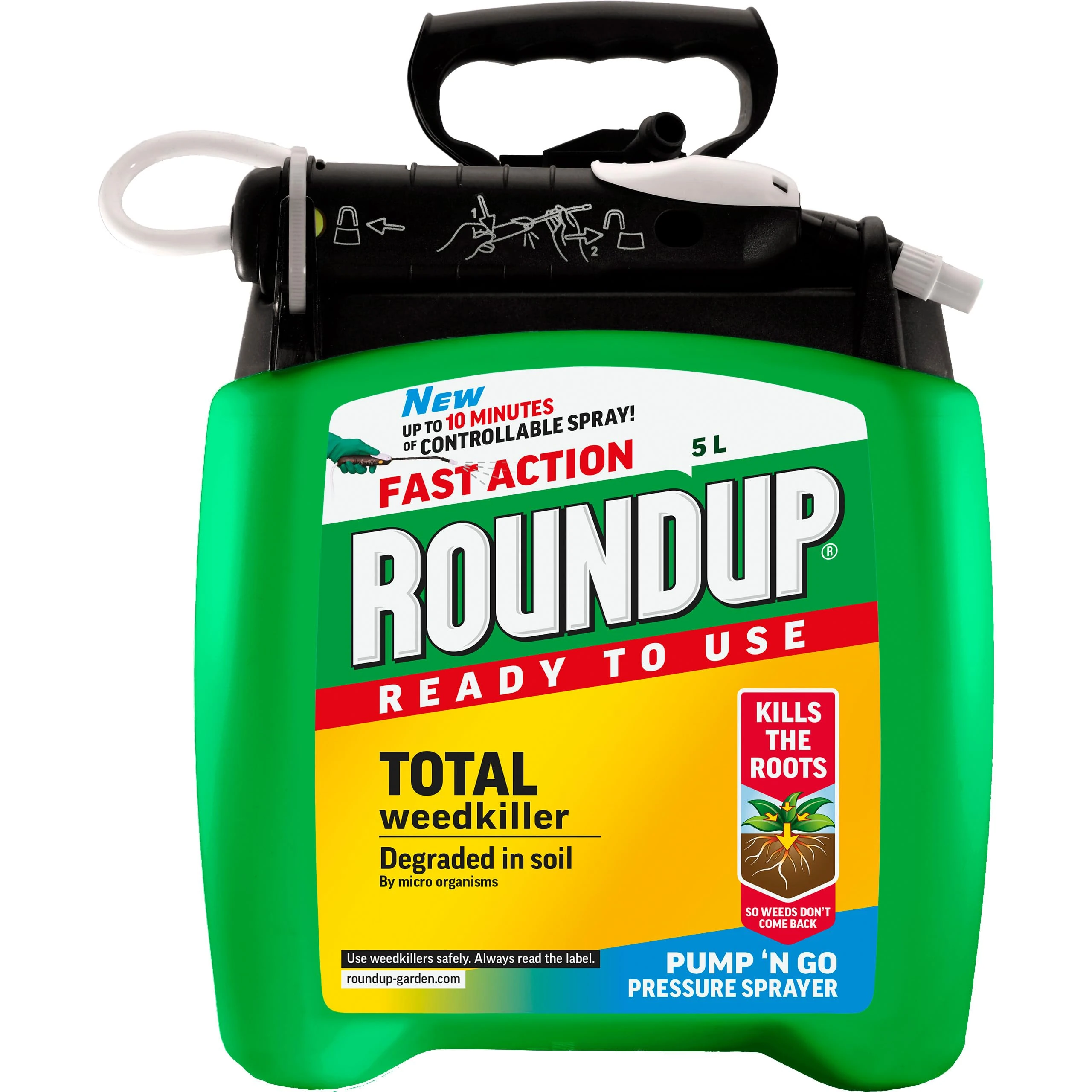 Roundup Fast Action Weedkiller Pump 'N Go Spray – 5L Ready-to-Use Glyphosate Formula – Kills Weeds & Roots with Visible Results in 1-2 Days – Refillable Pressure Sprayer with Extendable Lance