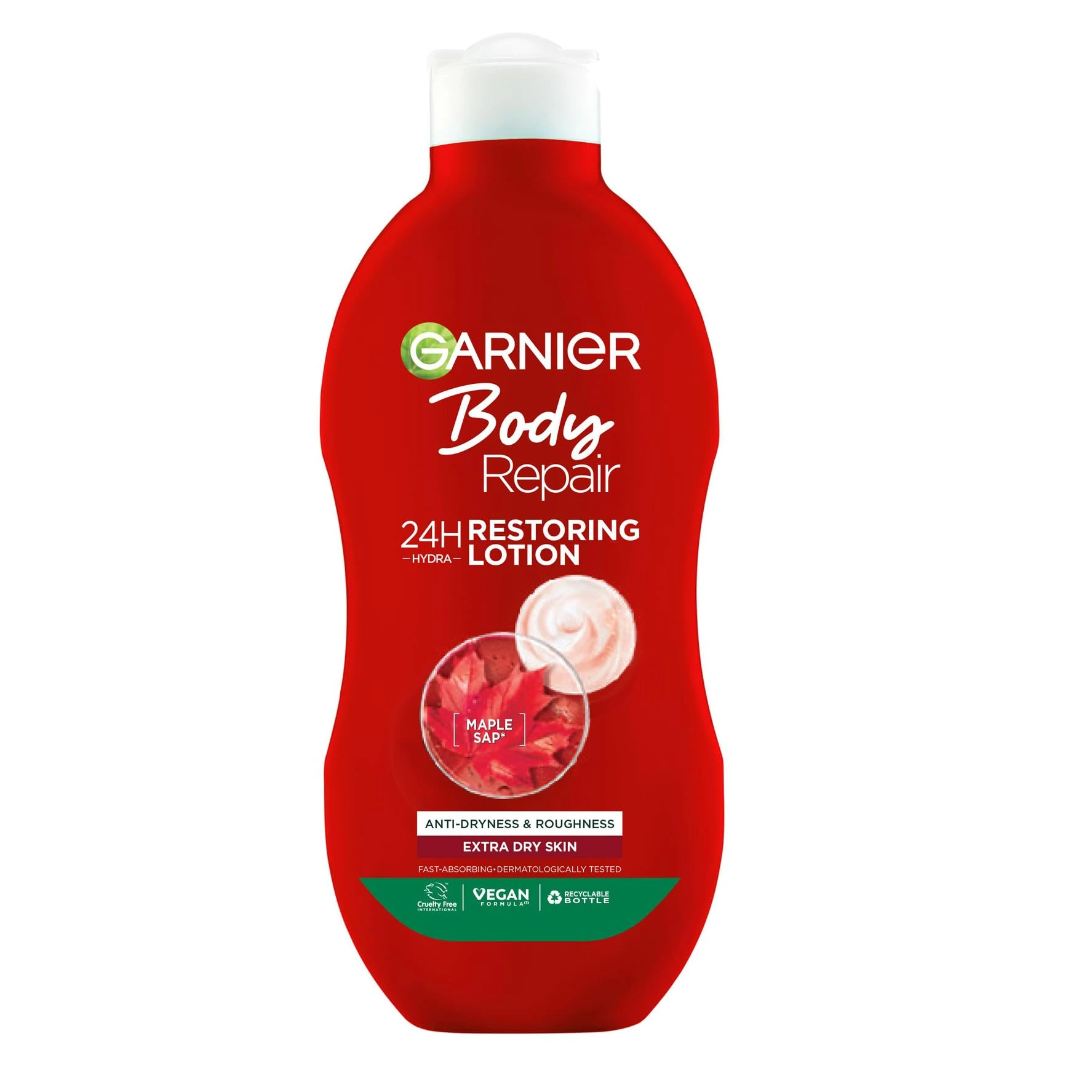 Garnier Body Repair Restoring Moisturiser 400ml, With Nourishing & Soothing Canadian Maple Sap, 24 Hour Hydration, For Extra Dry Rough Skin, Fast Absorbing & Non-Greasy