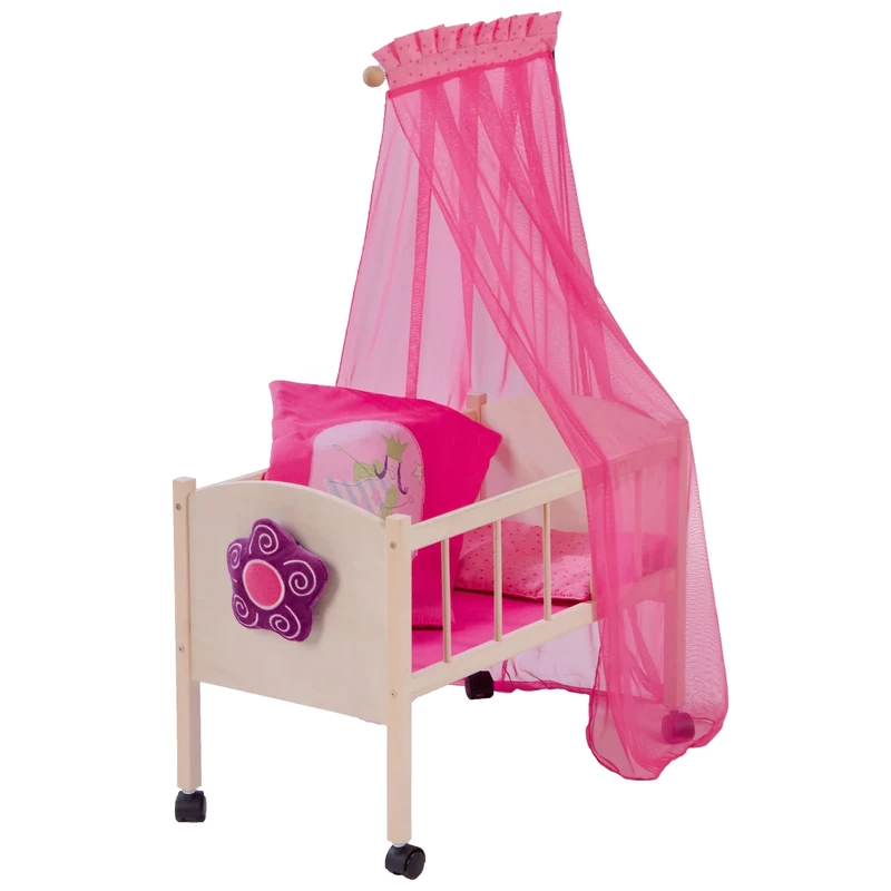 roba Doll Bed from the 'Happy Fee' Series, natural wood including textile equipment, bedding & pink canopy