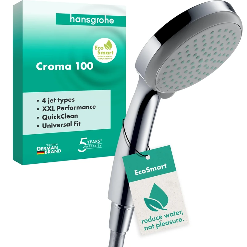 hansgrohe Croma 100 - water-saving shower head 9 l/min (EcoSmart), hand shower round (⌀ 100 mm) with 4 sprays, with anti-limescale function, chrome
