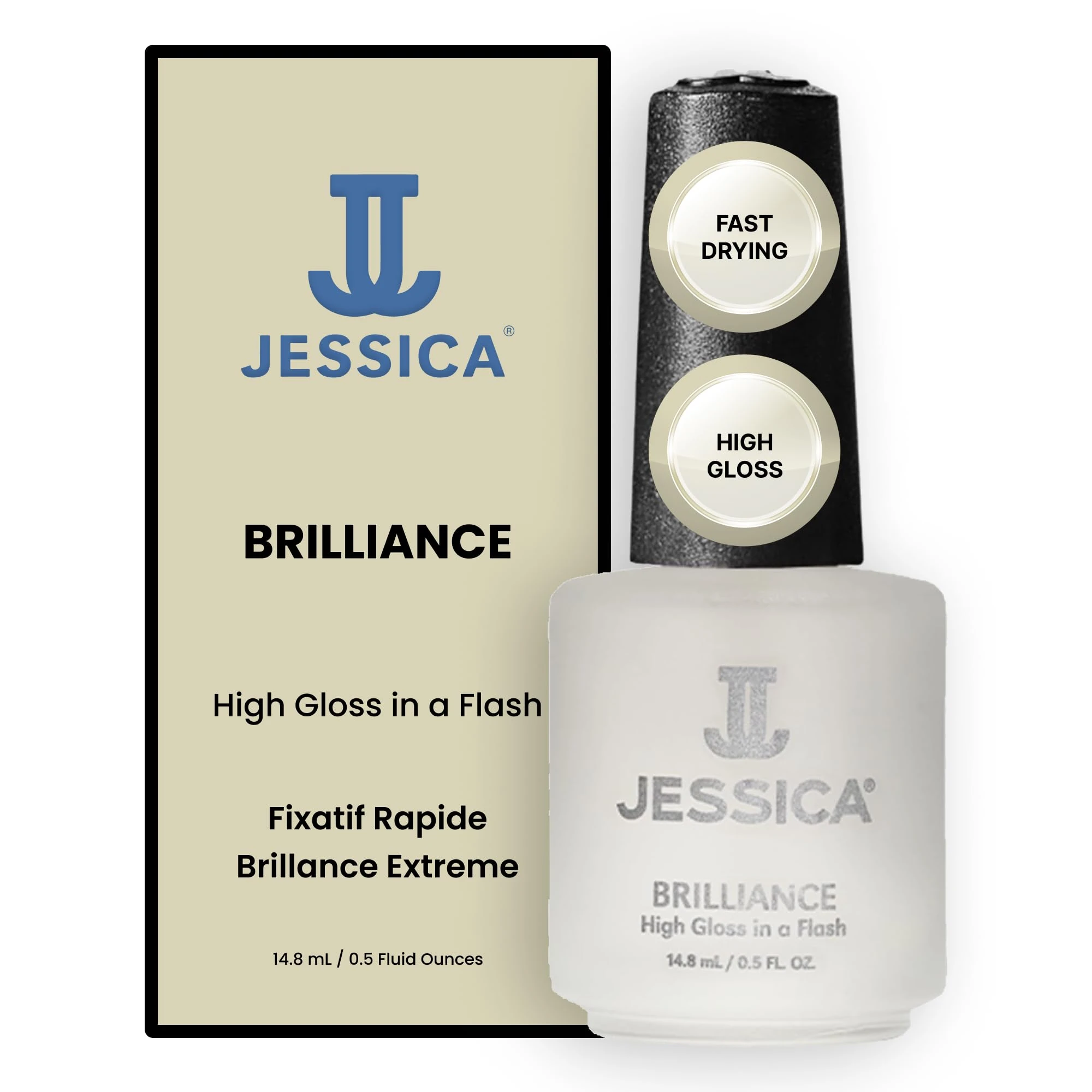 JESSICA Brilliance Top Coat Nail Polish, Quick Dry, High Gloss Finish, Clear, 14.8ml