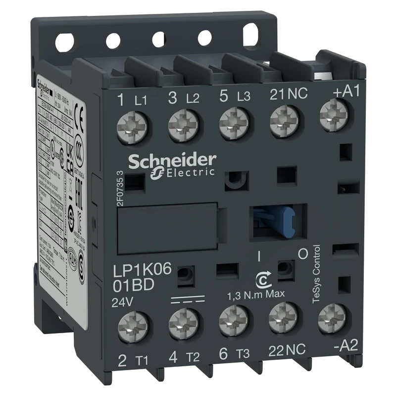 Schneider Electric, TeSys K contactor - 3P - AC-3 <= 440 V 9 A - 1 NC aux. - 24 V DC coil, LP1K0901BD