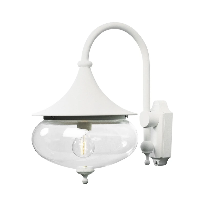 Konstsmide Handmade Outdoor Wall Light Mains Powered/Libra Down Swan Neck Classic Lantern/1 x 100 W E27 Max Lamp/Clear Acrylic/Aluminium/IP23/Outside Light Matt White