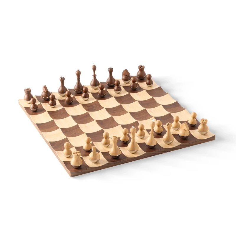Umbra Wobble Chess Set Game â€“ Fun, Wobbling Pieces Play On Real Walnut and Maple Wood Board â€“ A Design for a Classic â€“ Measures 15" x 15" x 1" (38 x 38 x 3 cm) - Image 1