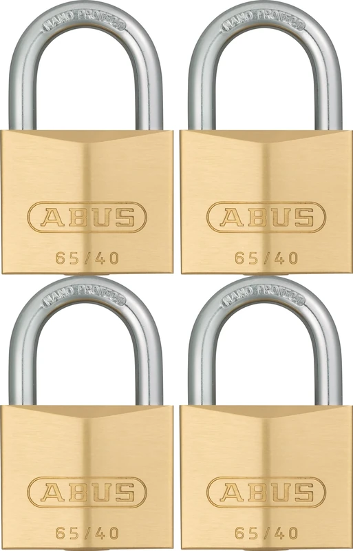ABUS Padlock Brass Lock 65/40 - Set of 4, keyed Alike - for Basement, Locker and Much More - Brass Body - Hardened Steel Shackle - ABUS Security Level 5