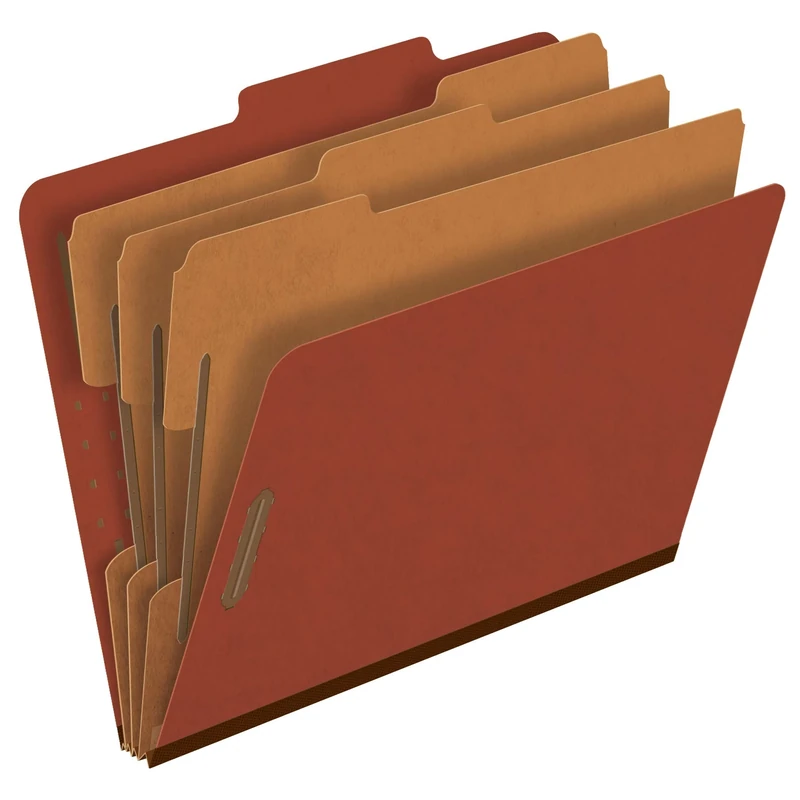 Pendaflex Pressboard Classification File Folders, 3 Dividers, 2" Embedded Fasteners, 2/5 Tab Cut, Letter Size, Red, Box of 10 (1357R)