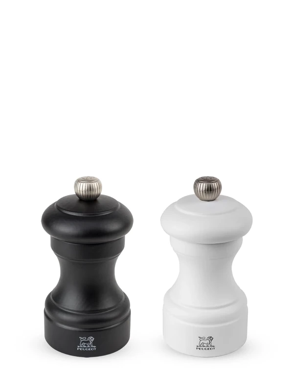 PEUGEOT - Bistro 10 cm Salt and Pepper Mill Set - Classic Salt and Pepper Grinder Set - Olive Wood - Lifetime Guaranteed Mechanism - Made in France - Black and White