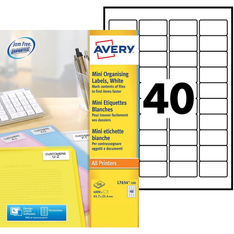 Avery Printable, Customisable Mini Organising Return Address Labels, Laser Printers, 40 Labels Per A4 Sheet, 4000 Labels, QuickPEEL (L7654), White,45.7 x 25.4mm