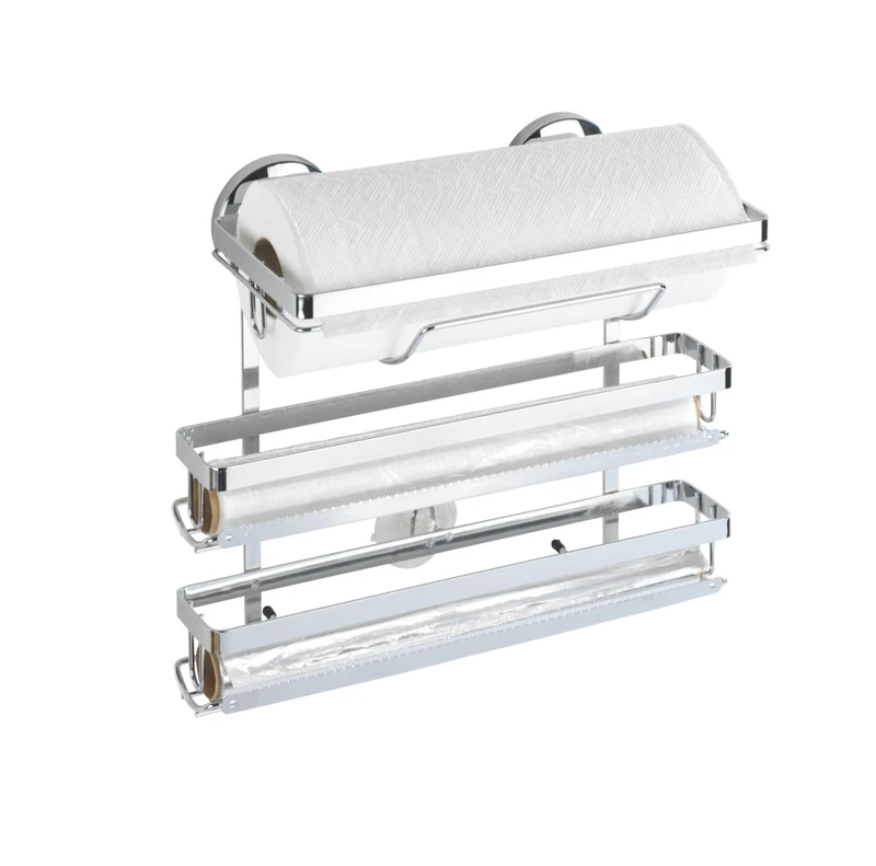 WENKO 5880100 Magic-Loc Kitchen roll Holder Trio - for 3 Different Kitchen Rolls, Fixing Without Drilling, Chrome Plated Metal, 33 x 32 x 16 cm, Silver Shiny