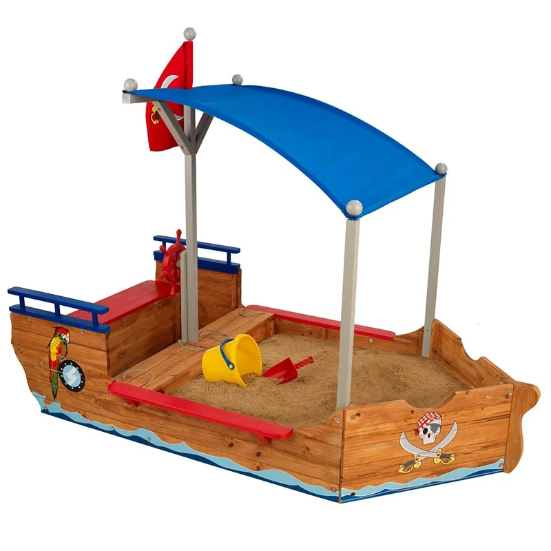 KidKraft Wooden Pirate Ship Sand Pit with Canopy and Cover, Garden Sand Toys for Kids, Outdoor Play Equipment for Children, 00128