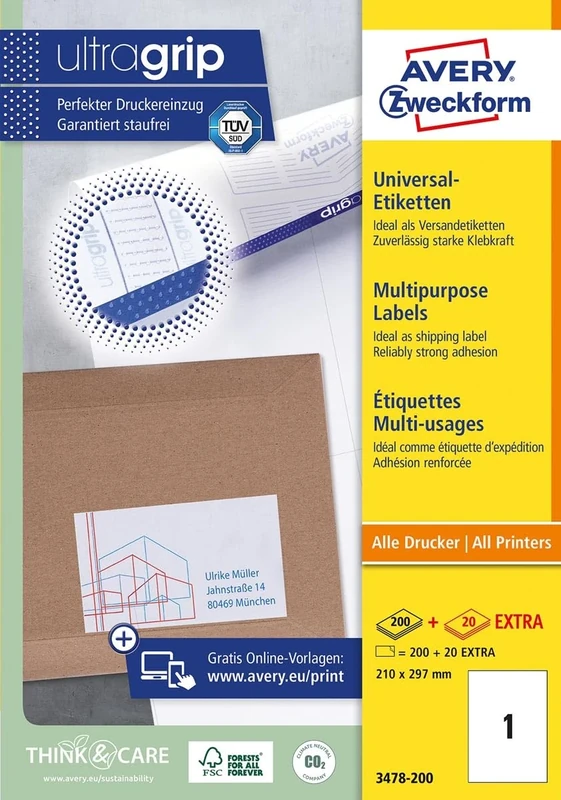 Avery Zweckform 3478-200 Universal Labels 210 x 297 mm for Inkjet Laser Copy with 20 extra labels