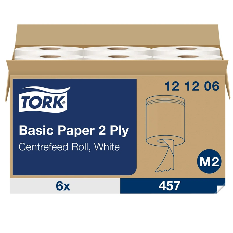 Tork 121206 Basic wiping paper roll M2 / Long lasting paper hand towel roll compatible with Tork M2 centrefeed system / 6 x 457 sheets (20 x 35cm)