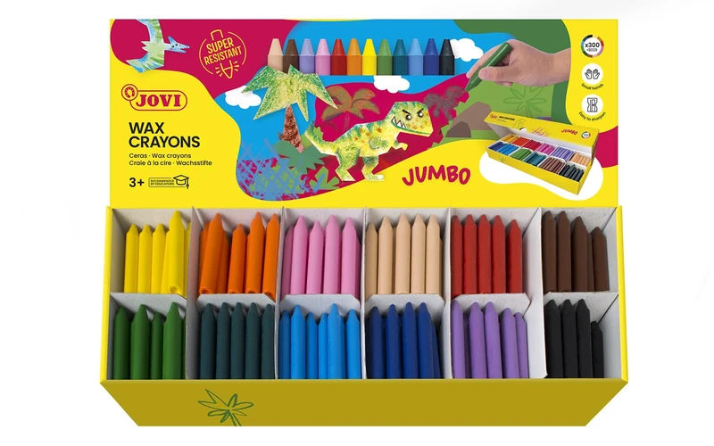 Jovi Jovicolor Wax Crayons - Unscented - Shatterproof - Easy to Wash Out - All Ages - 300 Pieces in 12 Colours and 1 Sharpener
