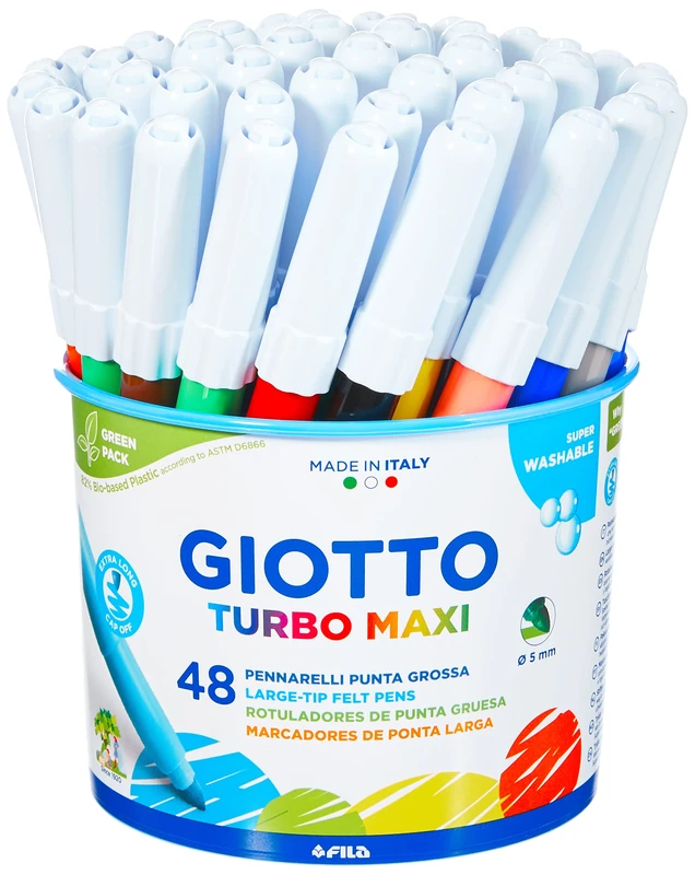 GIOTTO Turbo Maxi Super Washable Felt Tip Fibre Pens, 48 Pens, Large Tip Nib 5mm, Assorted Colours, For Children, Parties and Schools