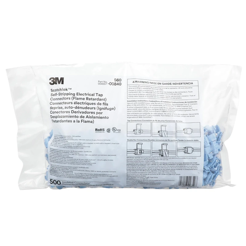 3M(TM) Scotchlok(TM) Electrical IDC 560-BULK, Double Run or Tap, Flame Retardant, Light Blue, 18–16 AWG (solid/stranded), 14 AWG (stranded), (Pack of 500)