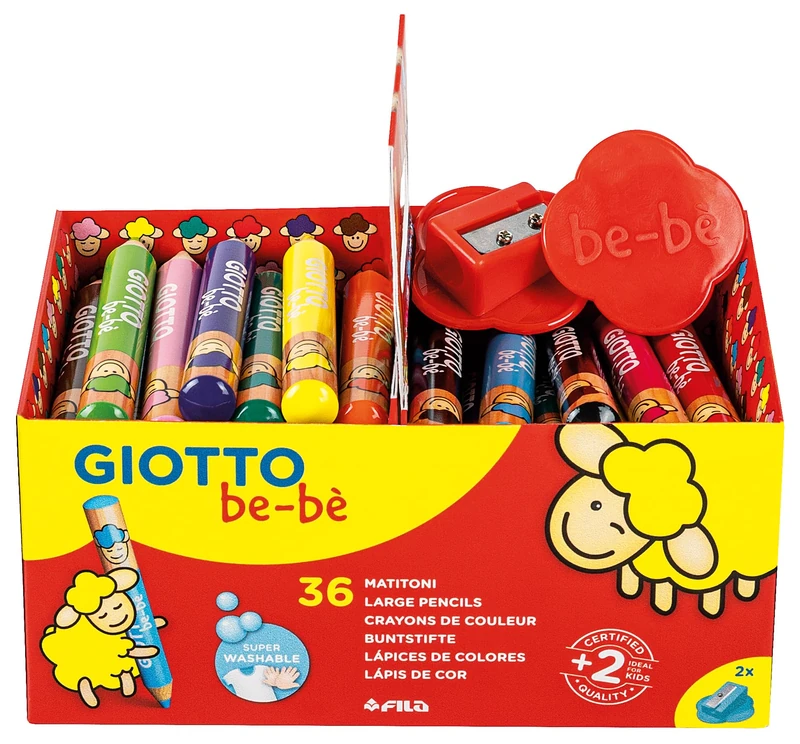 GIOTTO be-bè Large Pencils and Sharpeners Pre-School Pack for Young Children, 36 Pencils, Assorted Colours, Ideal for School & Home
