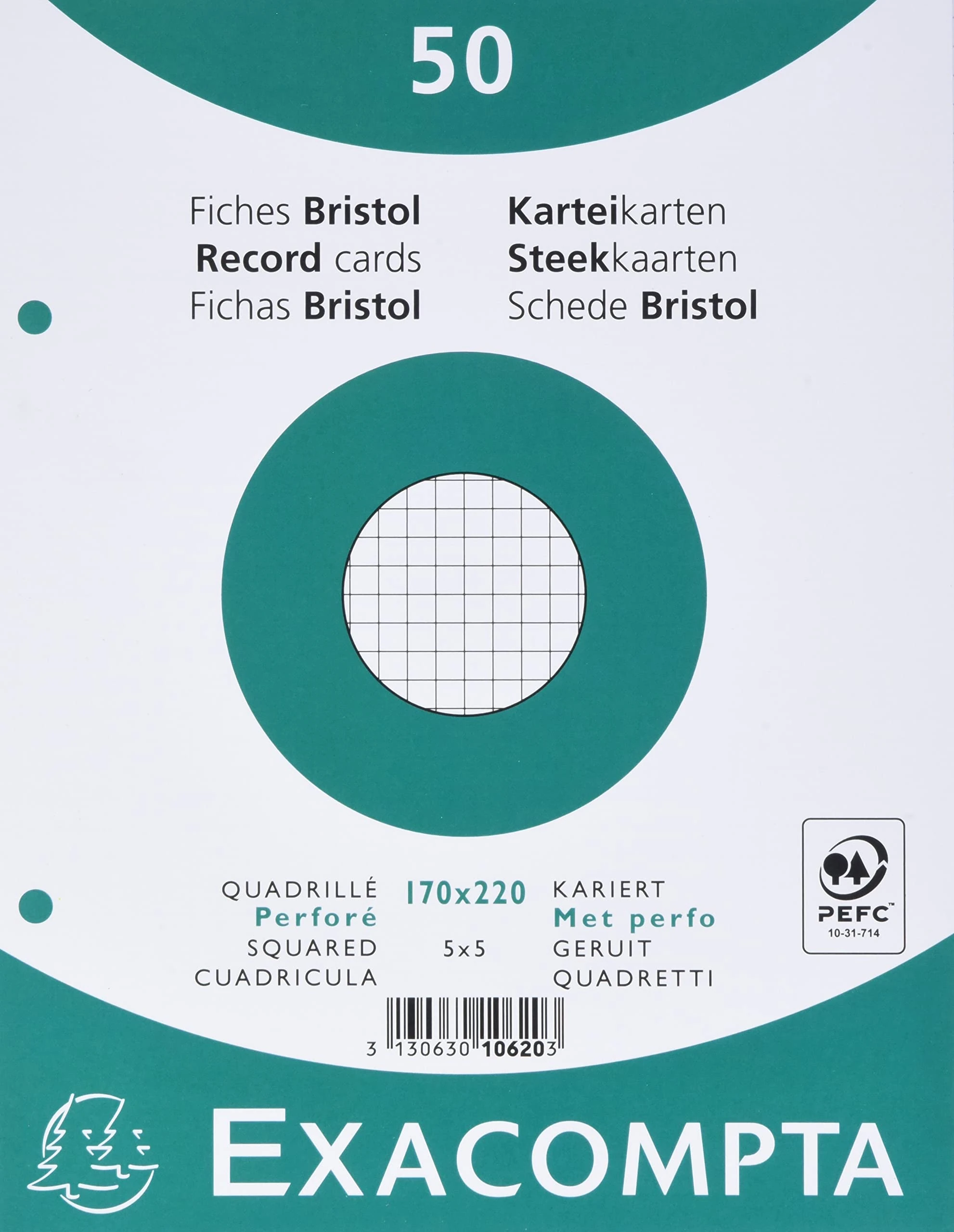 Exacompta - Ref 10620E - Bristol Squared Records Cards (Pack of 50) - 170 x 220mm in Size, 205gsm Card, Compatible with Printers - Suitable for Exam Revision & Notes - White