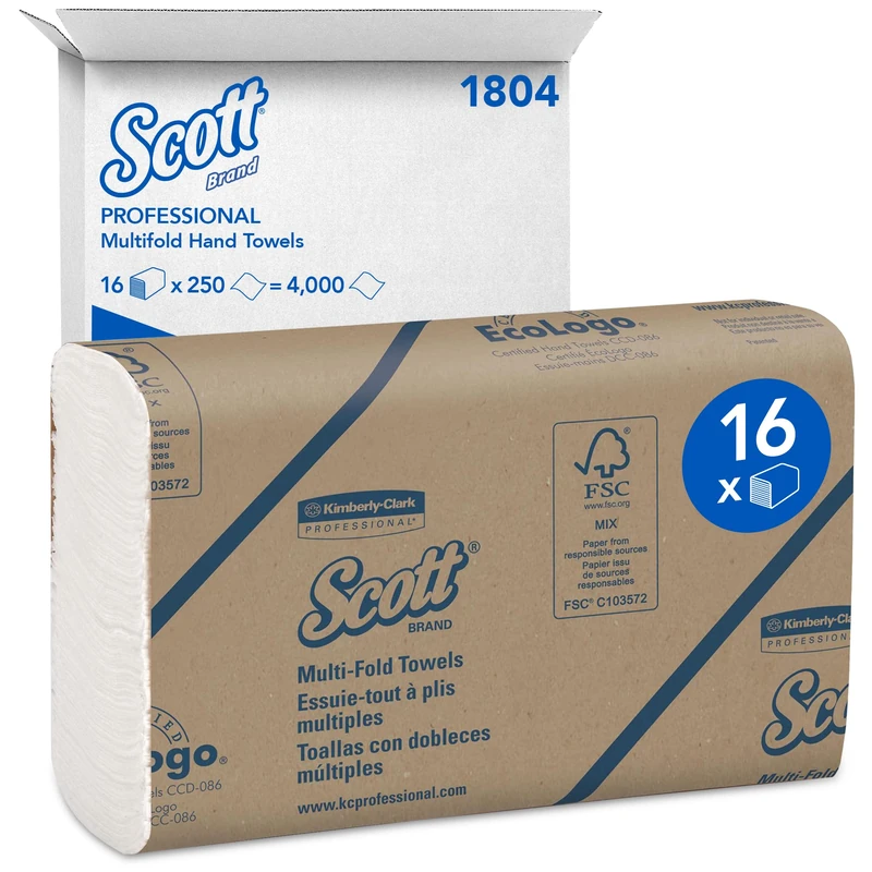 Scott Multifold Hand Towels, Z-Fold White Paper Towels for Bathroom, Soft, Strong, Eco-Friendly, Highly Absorbent, 16 Packs x 250 Z-Fold Paper Sheets (4,000 Sheets Total). Model nr. 1804