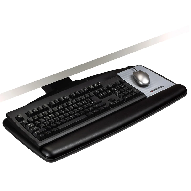 3M Keyboard Tray, Just Lift to Adjust Height and Tilt, Sturdy Tray Includes Gel Wrist Rest and Precise Mouse Pad, Swivels Side to Side and Stores Under Desk, 23" Track, Black (AKT90LE) - Image 1