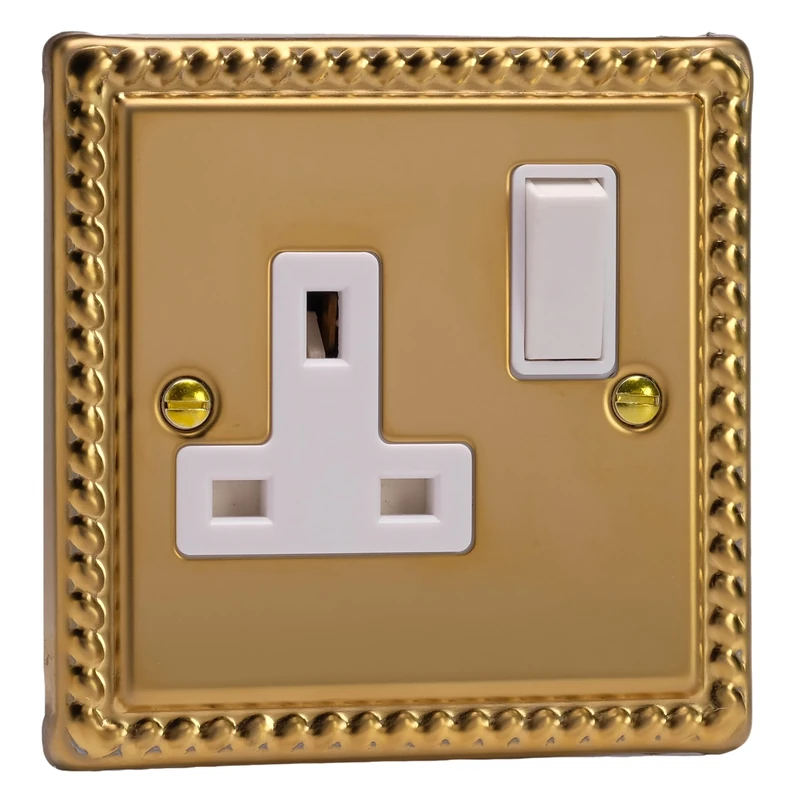 Varilight Single Switched Plug Socket - Classic Georgian Brass With White Insert, XG4W