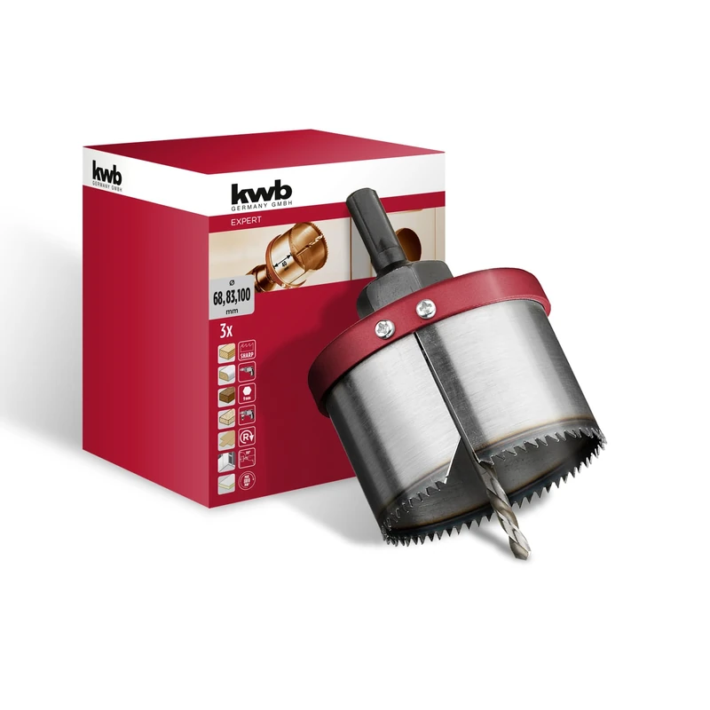 kwb Multi-Fluted Hole Saw Made of Tungsten Steel Ø 68, 83 and 100 Mm with Good Cutting Performance, Long Service Life, High Precision, 40 Mm Cutting Depth and Centre bit - Image 1