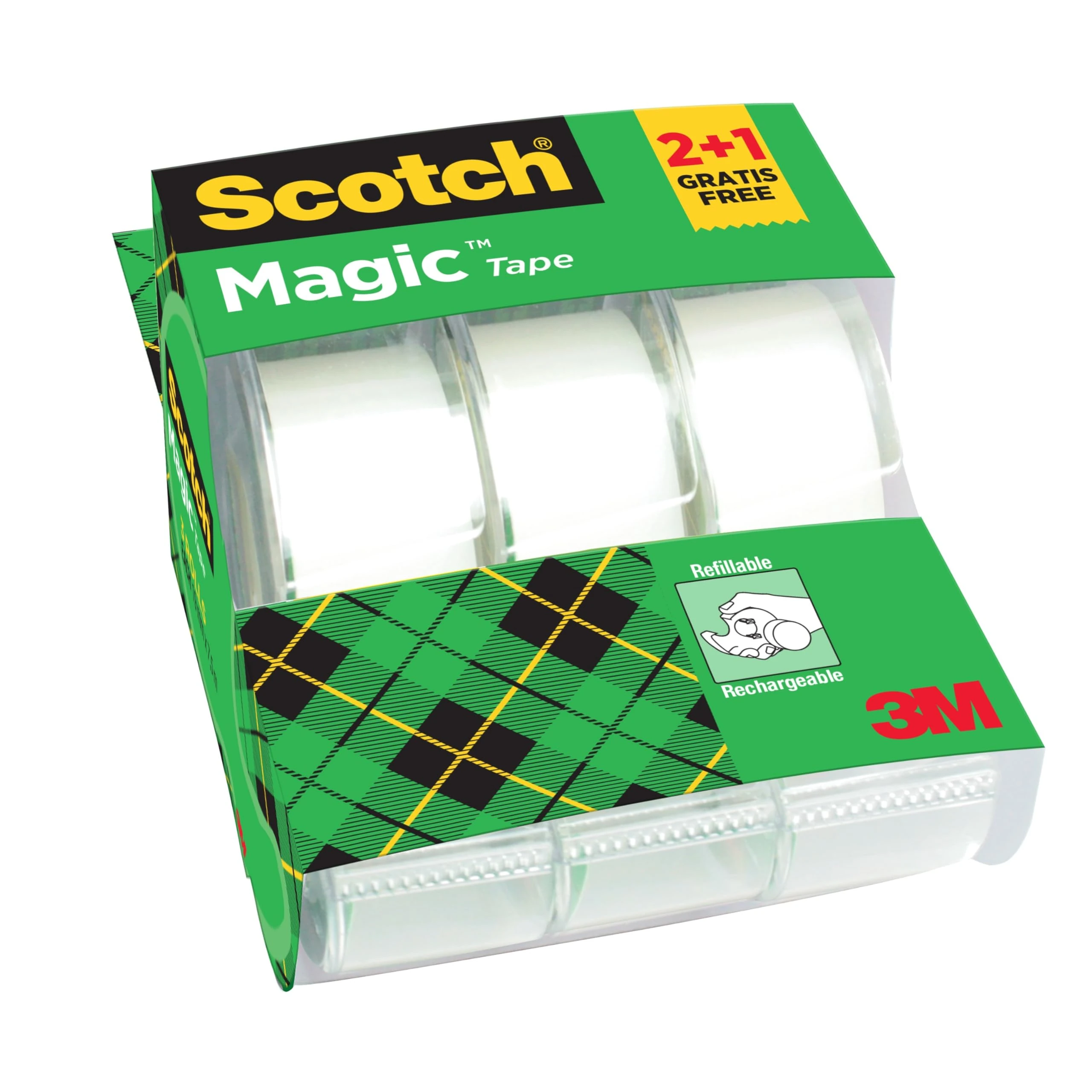 Scotch Magic Tape, Promo Pack, 2 Rolls on Handheld Dispenser + 1 Free, 19 mm x 7.5 m - General Purpose Sticky Tape for Document Repair, Labelling & Sealing