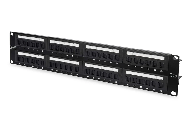 DIGITUS patch panel - 19-inch - Cat-5e - 48-port RJ45 - Unshielded - LSA patch field - Rack mount 2U - Black
