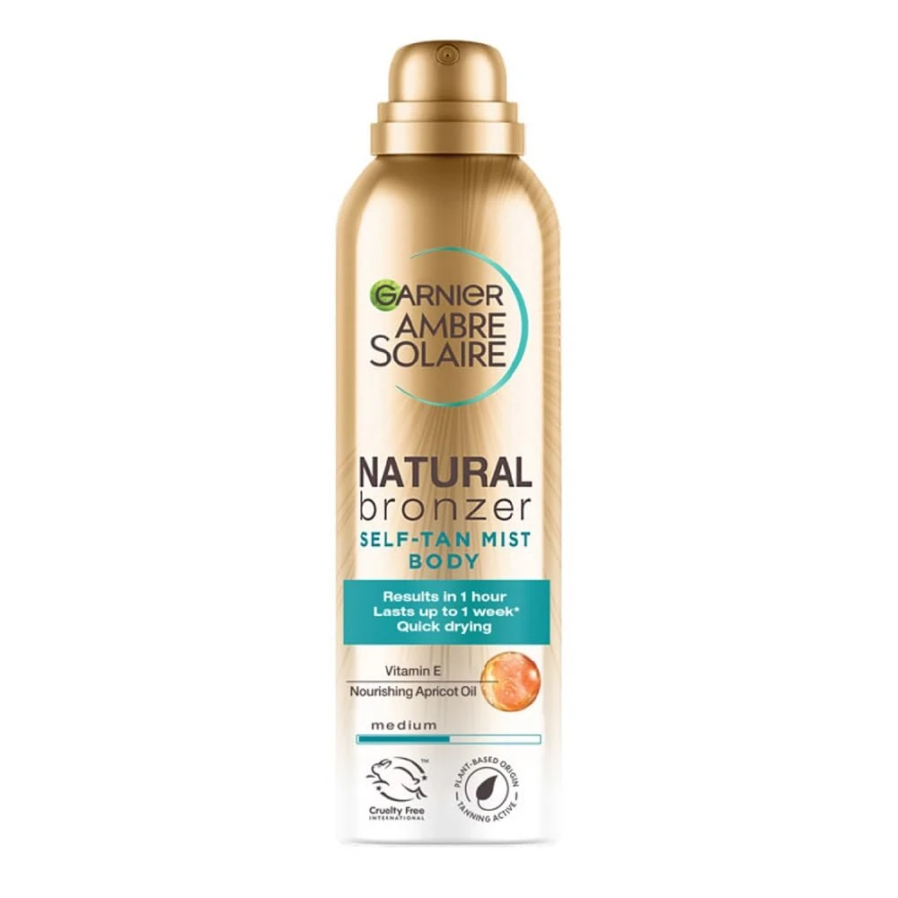 Garnier Ambre Solaire Natural Bronzer Quick Drying Medium Self Tan Body Mist, Streak Free Fake Tan, Lasts Up to 1 week, Vegan Formula, Radient Glow For All Skin Types, 150ml (Pack of 1)