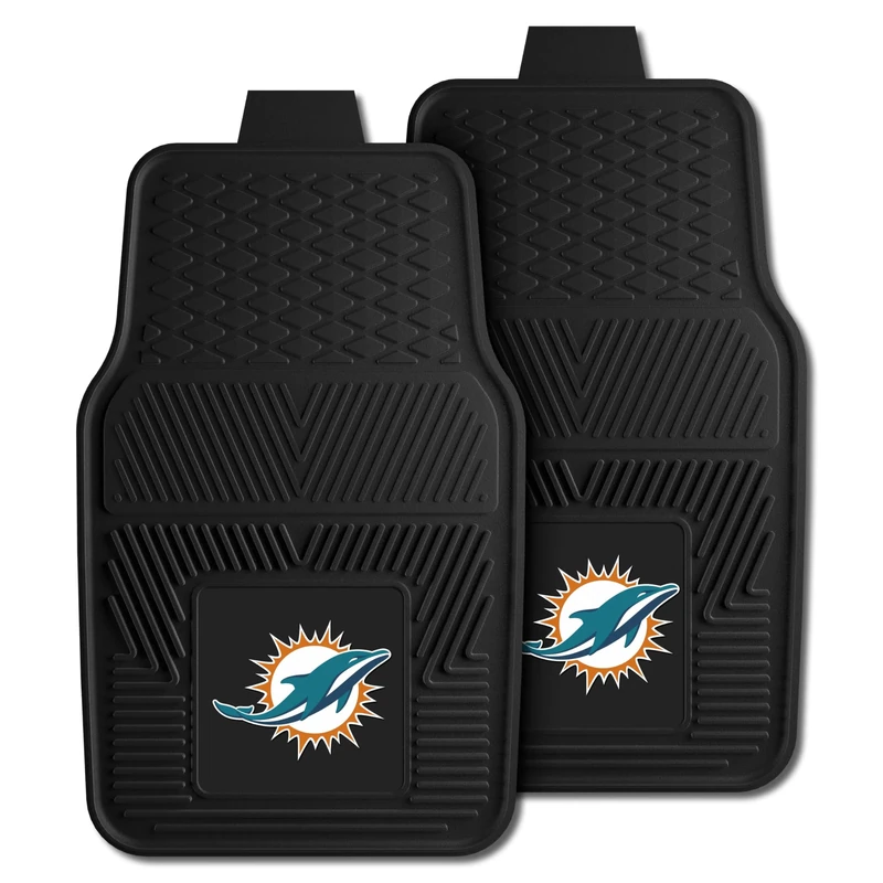 FANMATS 8770 Miami Dolphins 2-Piece Heavy Duty Vinyl Car Mat Set, Front Row Floor Mats, All Weather Protection, Universal Fit, Deep Resevoir Design, 18"x27"