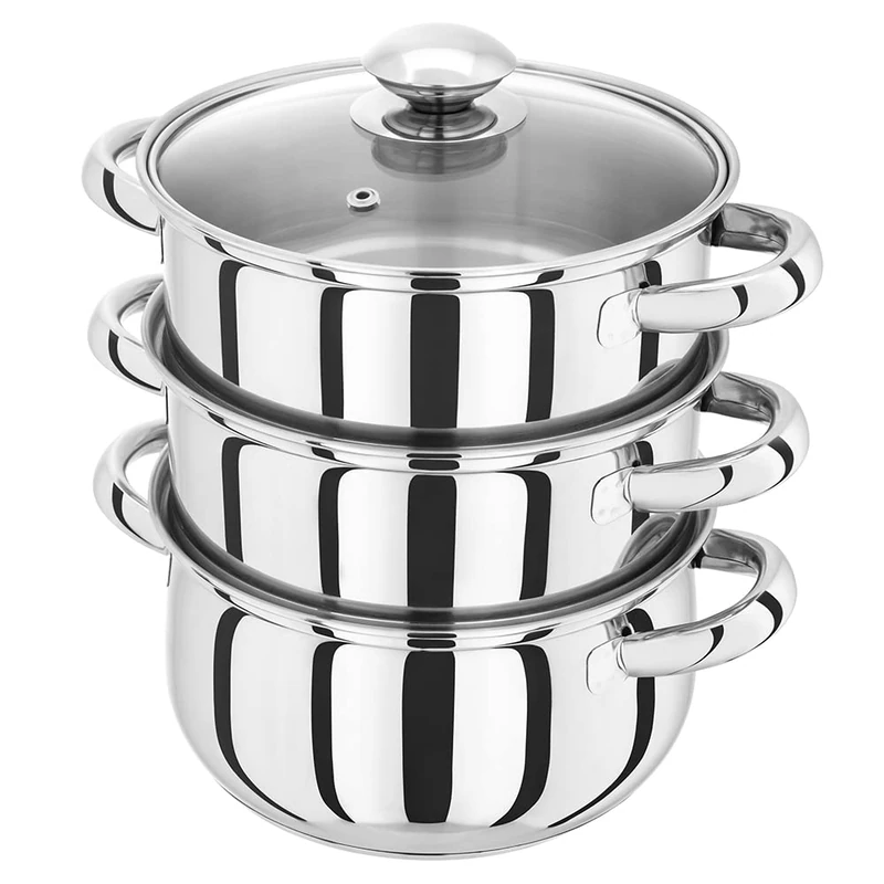 Judge Essentials Stainless Steel 3 Tier Steamer 18cm, Vented Glass Lid, Integral Casserole Pot, Oven Safe, Induction Ready - Image 1