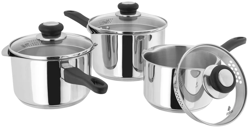 Judge Vista Draining Set of 3 Stainless Steel Pans, 16cm, 18cm & 20cm Saucepans with Pouring Lip and Strainer Lids, Induction Ready, Oven Safe