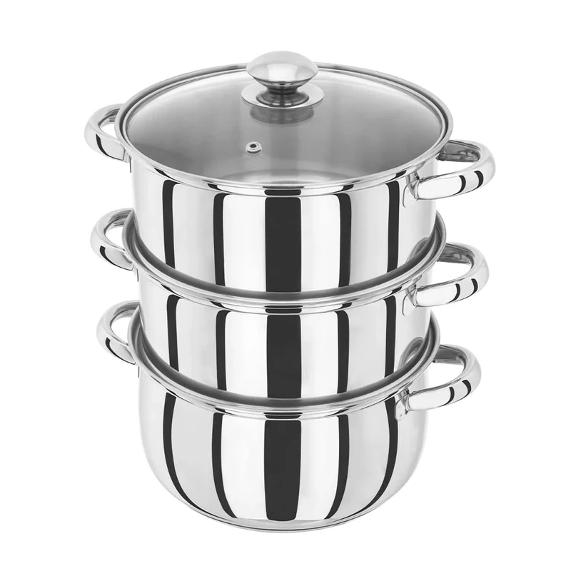 Judge Essentials Stainless Steel 3 Tier Steamer 24cm, Vented Glass Lid, Integral Casserole Pot, Oven Safe, Induction Ready