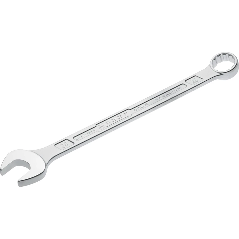 HAZET: Chiave combinata 600N-28 cromata, Testa della chiave combinata angolata a 15 gradi Uscita: doppio esagono esterno, larghezza tra i piani: 28 mm, albero con profilo a doppia T extra robusto