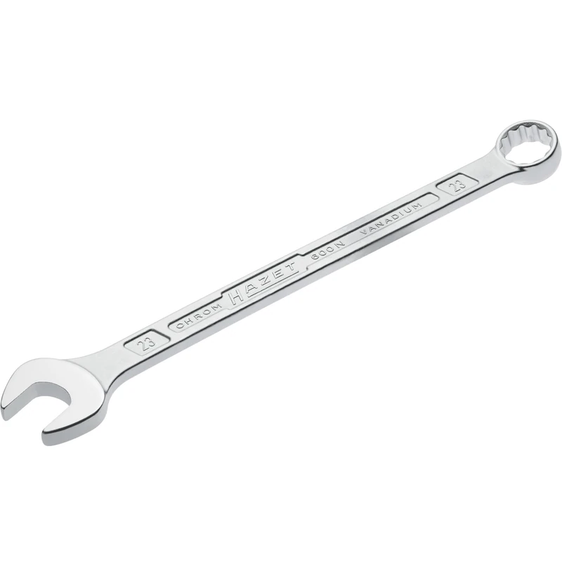 HAZET: Chiave combinata 600N-23 cromata, Testa della chiave combinata angolata a 15 gradi Uscita: doppio esagono esterno, larghezza della chiave: 23 mm, albero con profilo a doppia T extra robusto