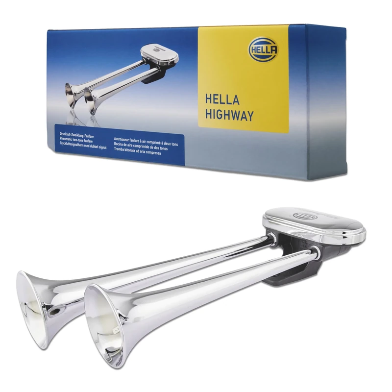HELLA Trumpet Horn CA34 - 24V - 115dB(A) - Frequency range from: 300Hz - Frequency range to: 350Hz - Low Tone/High Tone - Electric - Pipe-neck - Plug: Blade Terminal - Quantit - 3PB 005 411-001