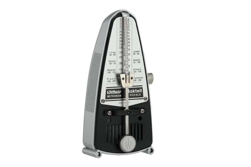 Wittner Metronome Taktell Piccolo Series 830 - Plastic casing - Without bell - Silver coloured - Mechanically wound - No batteries required - Made in Germany