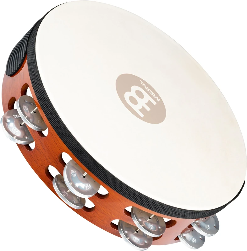 Meinl Percussion Traditional Headed Tambourine - With Goat Skin Head - 10-inch Diameter - Siam Oak / Aluminum, Antique Brown / Natural (TAH2A-AB)