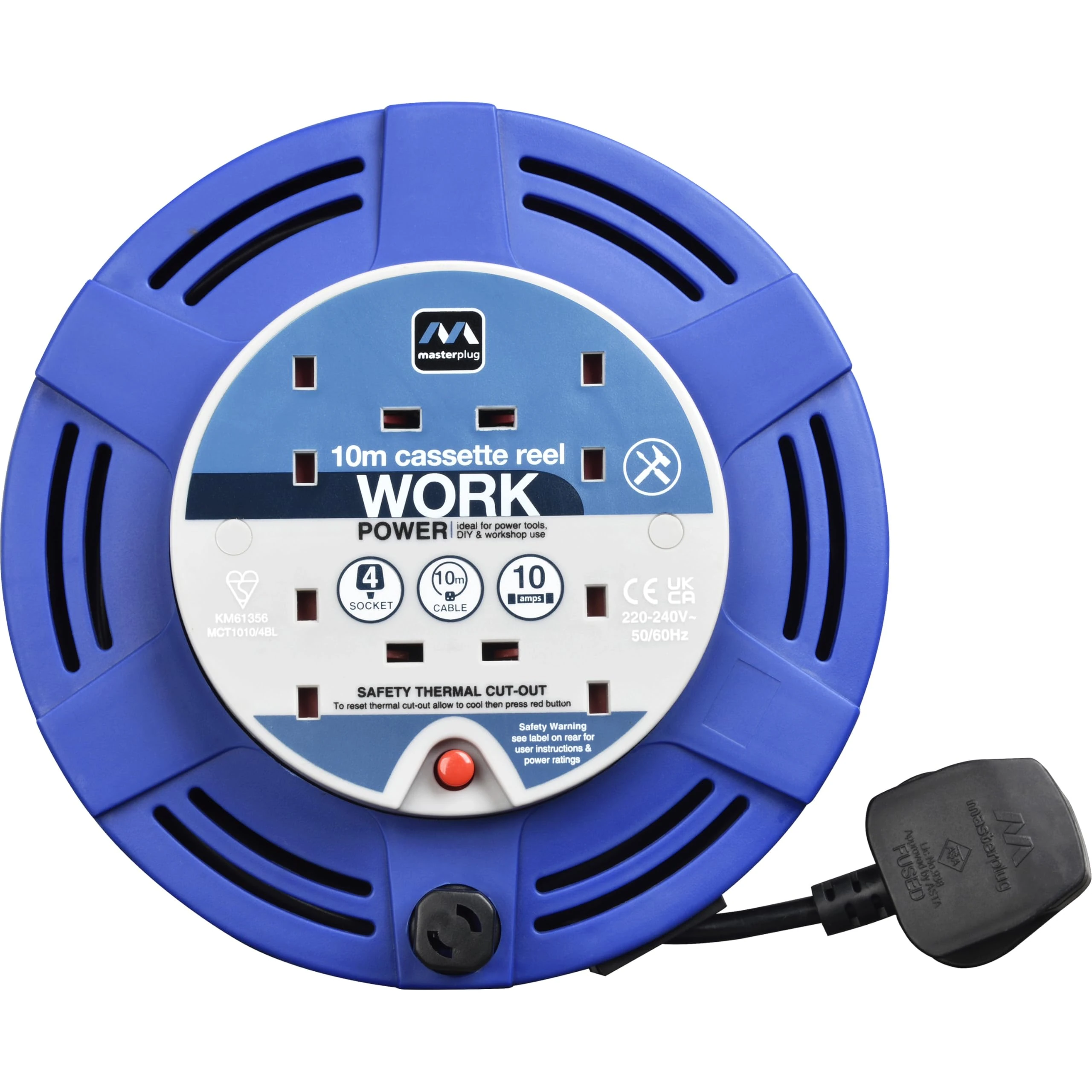 Masterplug Four Socket, 10 Metre Cassette Reel, Medium Extension Lead Cable Reel, Wind-Up Retractable Power Cord Reel, Thermal Cut Out, Work Power, Blue/Black, 10A, 4G, 10m, MCT1010/4BL