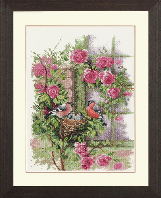 Lanarte Counted Cross Stitch Kit: Nesting Birds in Rambler Rose, NA, 29 x 39cm
